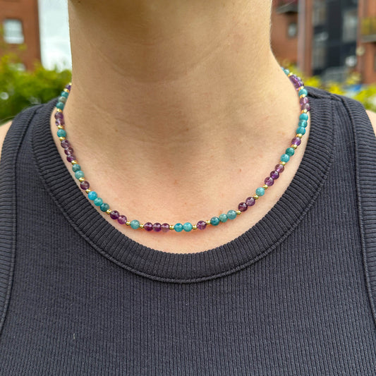 MantraChakra Amethyst and Apatite Beaded Necklace