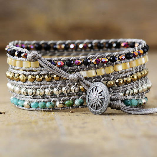 Boho-Chic Shell, Jade and African Turquoise Wrap Bracelet - 32.5 Inches + 3 Closures