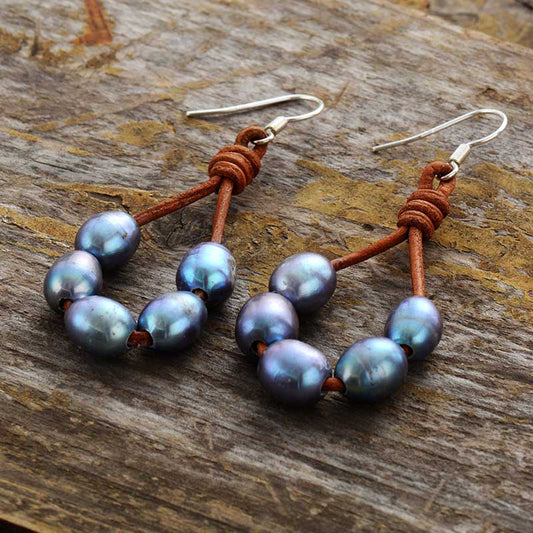 Handmade Grey Freshwater Pearls and Leather Earrings