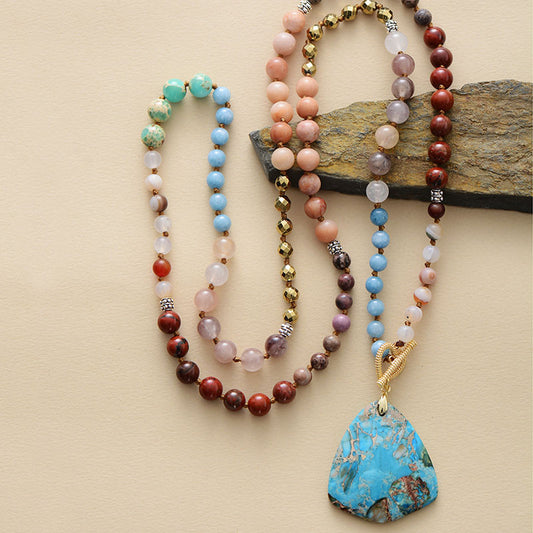 Handmade Jade, Jasper, Agate and Pyrite T Bar Necklace - 33.5 Inches