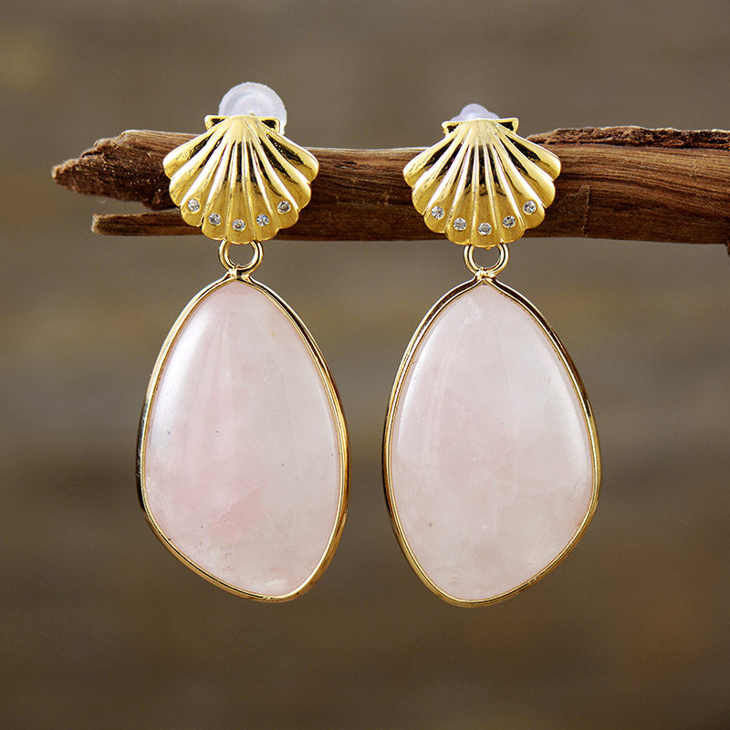 Handmade Rose Quartz and Gold Plated Shell Earrings