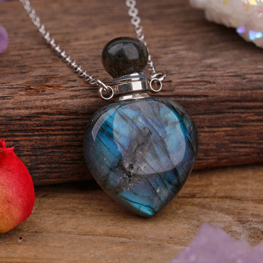MantraChakra Labradorite Crystal Perfume Bottle Necklace with a silver chain