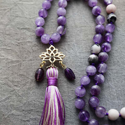 MantraChakra 108 Beaded Amethyst Mala with a Lotus Pendant