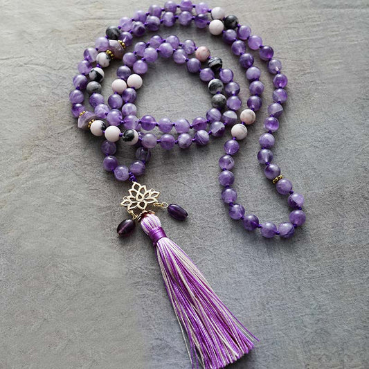 MantraChakra 108 Beaded Amethyst Mala with a Lotus Pendant
