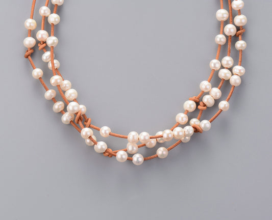 MantraChakra 3 Layer Leather Freshwater Pearl Necklace
