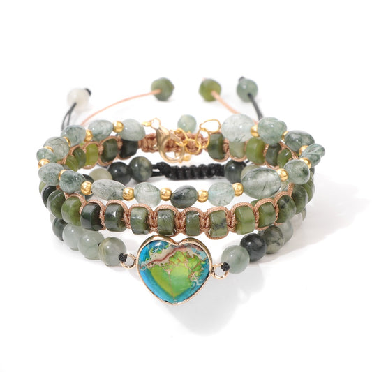 MantraChakra 3 Piece Moss Agate Bracelet with a Heart Charm
