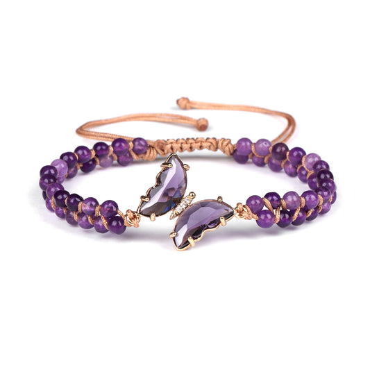 MantraChakra Amethyst Beaded Bracelet with a Crystal Butterfly