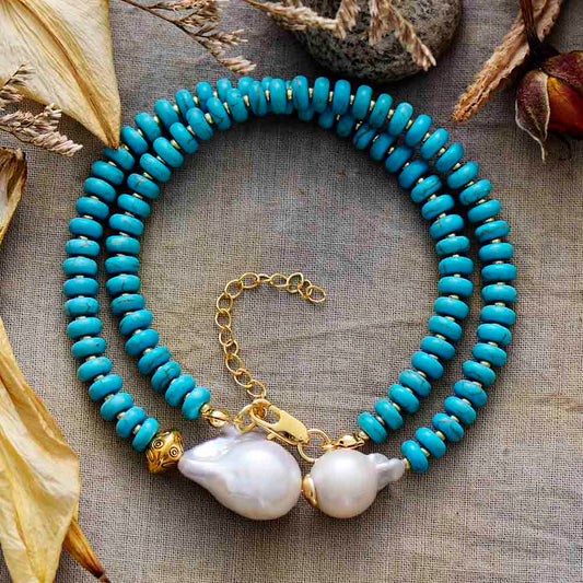 MantraChakra Baroque Pearl and Turquoise Choker Necklace