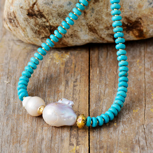 MantraChakra Baroque Pearl and Turquoise Choker Necklace