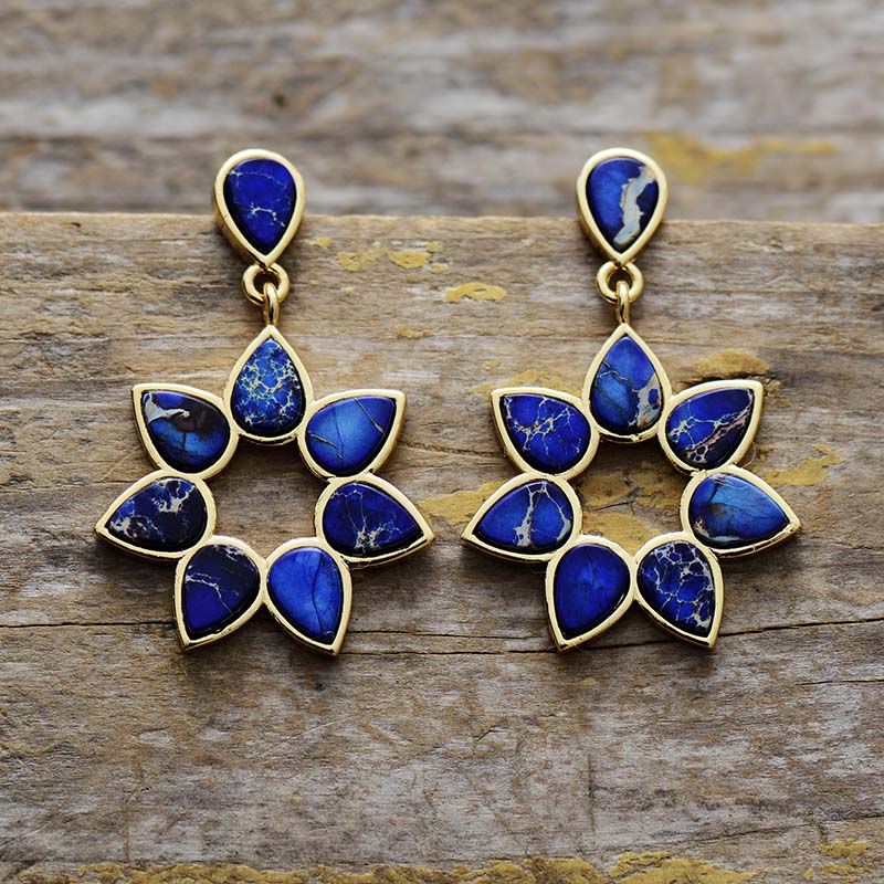 MantraChakra Blue Jasper Flower Dangle Earrings