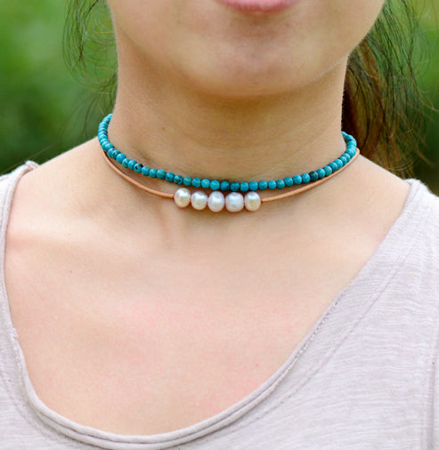 MantraChakra Freshwater Pearl Leather Choker Necklace