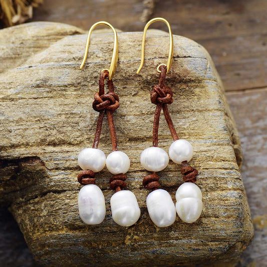 MantraChakra Freshwater Pearl and Leather Dangle Earrings