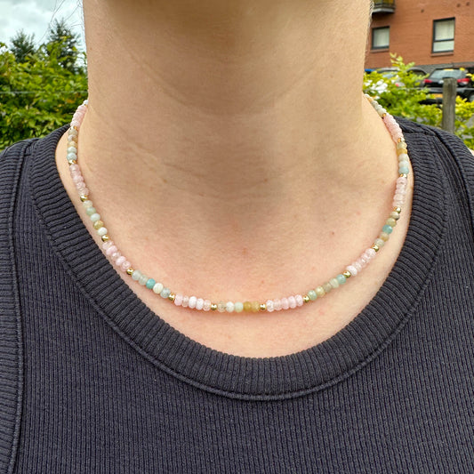 MantraChakra Rose Quartz and Amazonite Beaded Necklace