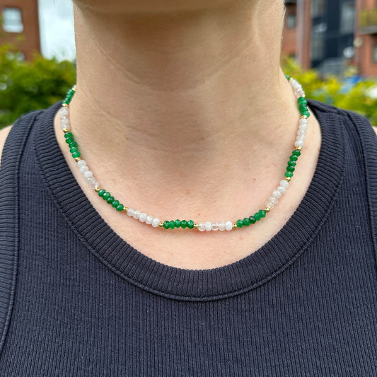 MantraChakra White Jade and Green Jade Beaded Necklace