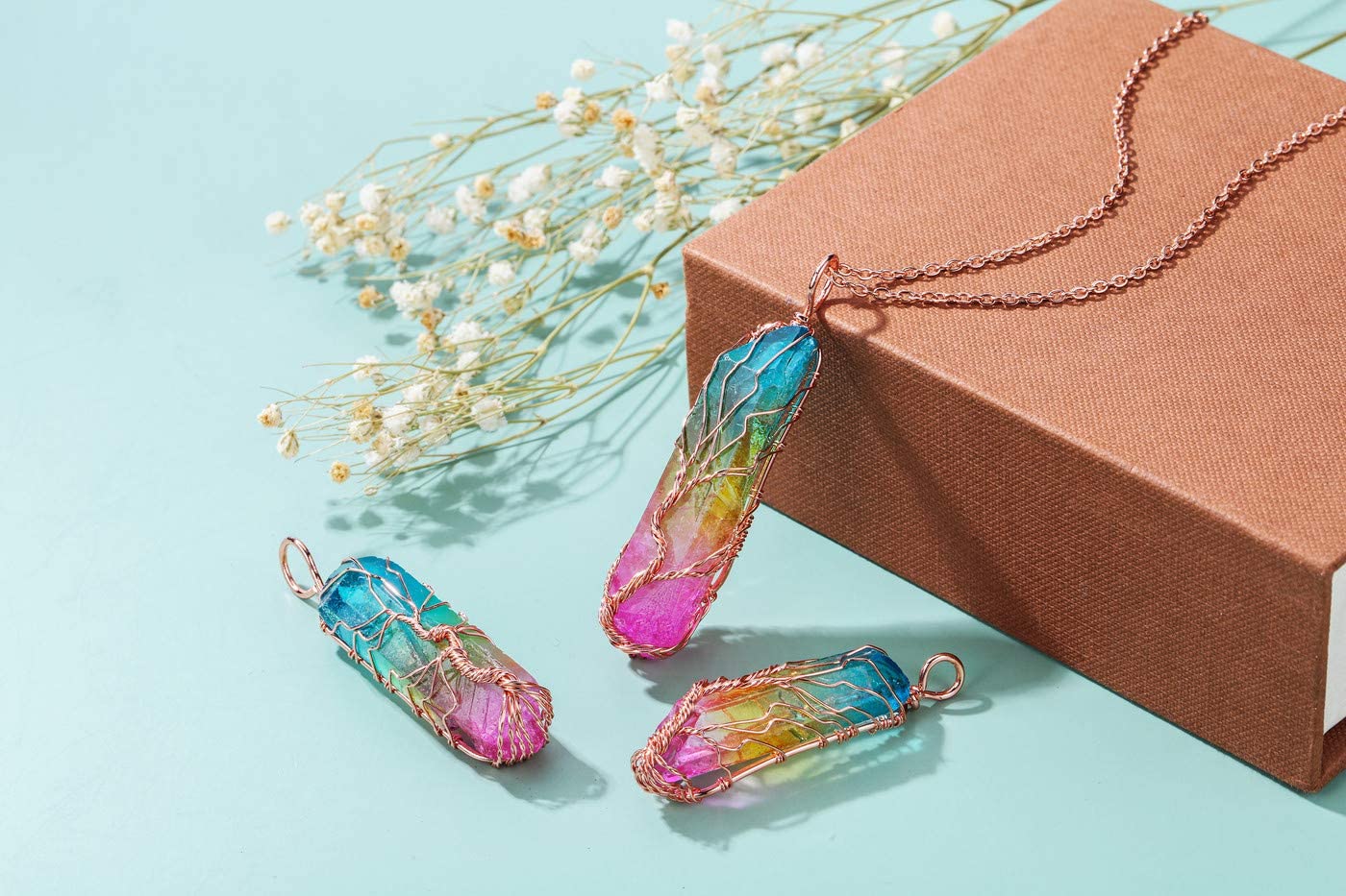 Handmade Chakra Rainbow Quartz Pendant Necklace with Rose Gold Wire Wrap