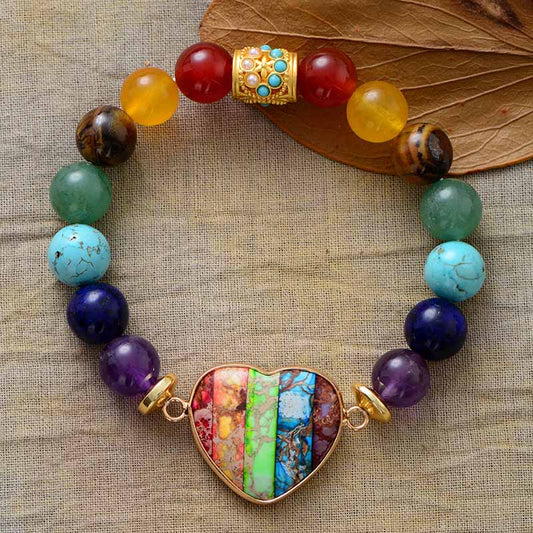 7 Chakra Elastic Bracelet with a Gold Heart Charm