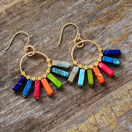 Handmade 7 Chakra and Gold Beads Dangle Earrings