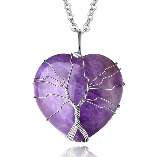 Natural Amethyst Stone with a Tree of Life Wrapped Heart Necklace