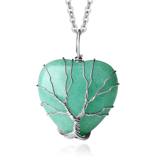 Natural Aventurine Stone with a Tree of Life Wrapped Heart Necklace