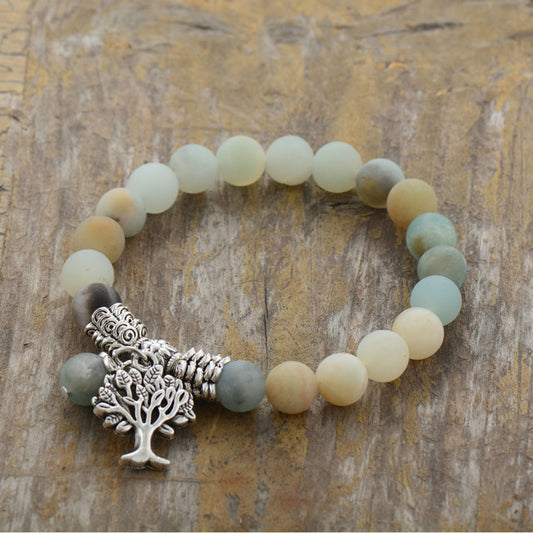 Handmade Natural Amazonite Tree of Life Charm Bracelet 18.18.5cm