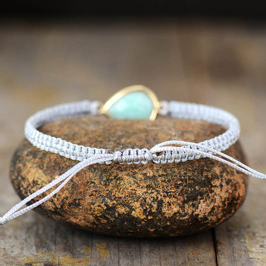 Handmade Natural Amazonite Stone Braided String Bracelet - 6.7 Inches + Adjustable