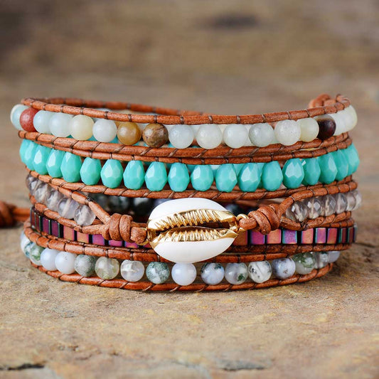 Handmade Natural Amazonite, Onyx and Shell Leather Bracelet - 32.5 Inches + 3 Closures
