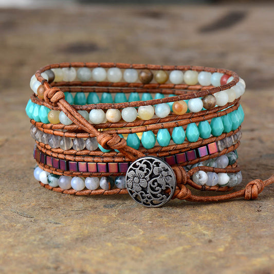 Handmade Natural Amazonite, Onyx and Shell Leather Bracelet - 32.5 Inches + 3 Closures