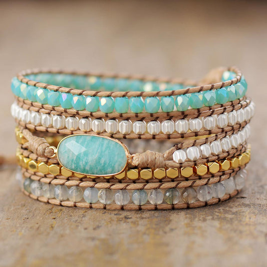 Handmade Natural Amazonite and Agate Vegan Rope Bracelet - 32.5 Inches + 3 Closures