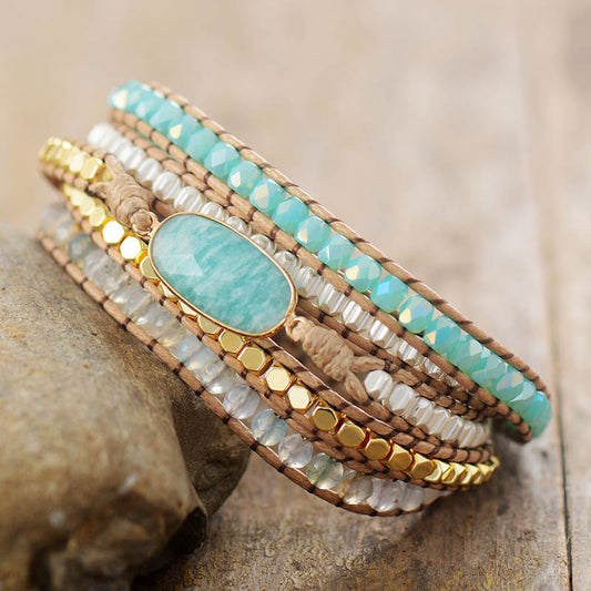 Handmade Natural Amazonite and Agate Vegan Rope Bracelet - 32.5 Inches + 3 Closures