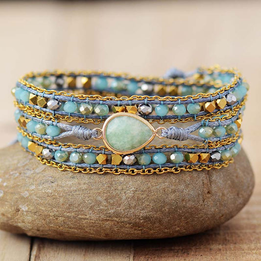 Handmade Natural Amazonite and Metal Bracelet with Vegan Rope - 19.7 Inches + 3 closures