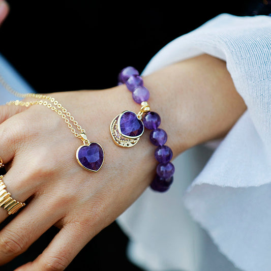 Handmade Natural Amethyst Stretch Bracelet with Gold Charms - 18-18.5cm