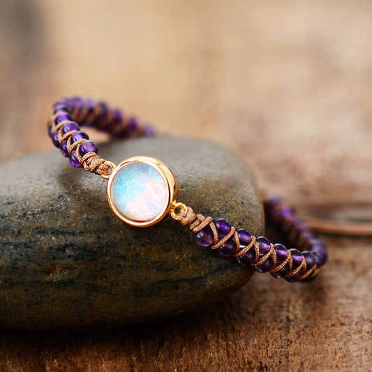 Handmade Amethyst String Braided and Opal Bracelet