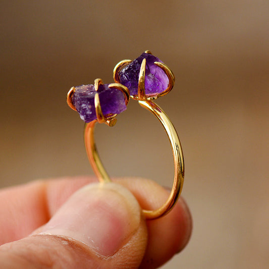 Resizable 2 Stone Amethyst Natural Crystal Gold Plated Ring