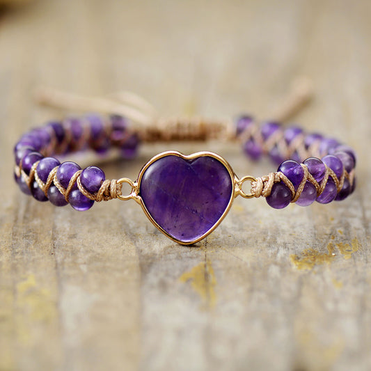 MantraChakra Amethyst Beaded Bracelet with an Amethyst Heart