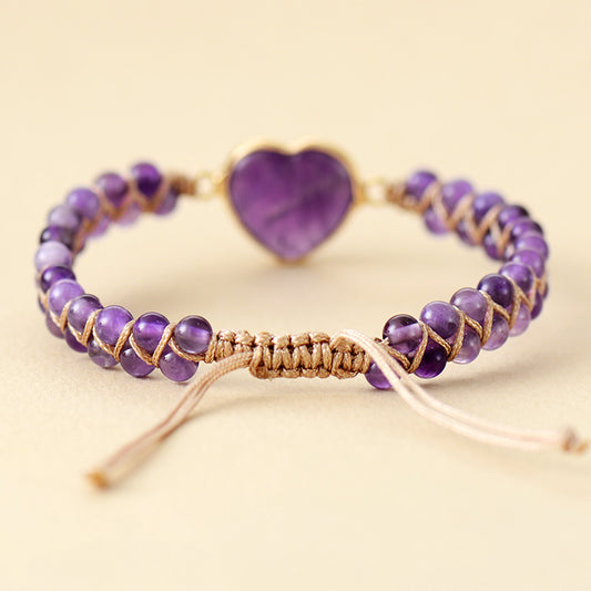 MantraChakra Amethyst Beaded Bracelet with an Amethyst Heart