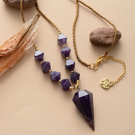 Handmade Natural Amethyst Hexagonal Pendant Necklace - 19.7 Inches Approx