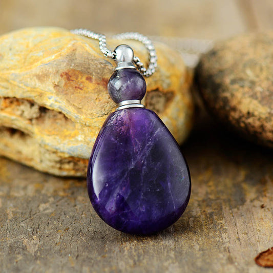 Handmade Natural Amethyst & Stainless Steel Perfume Bottle Necklace