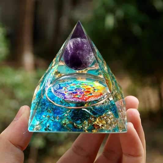 Orgone Energy Resin Pyramid with Amethyst & Blue Quartz Crystal