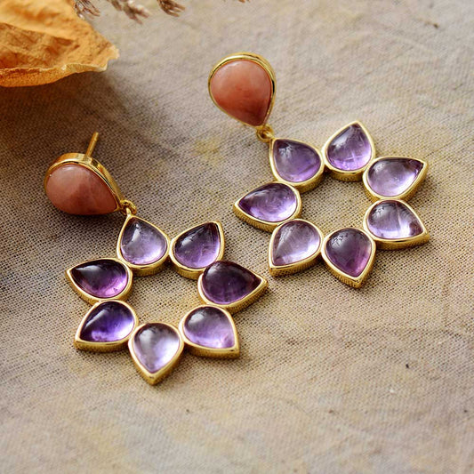 Handmade Amethyst and Gold Flower Stud Earrings