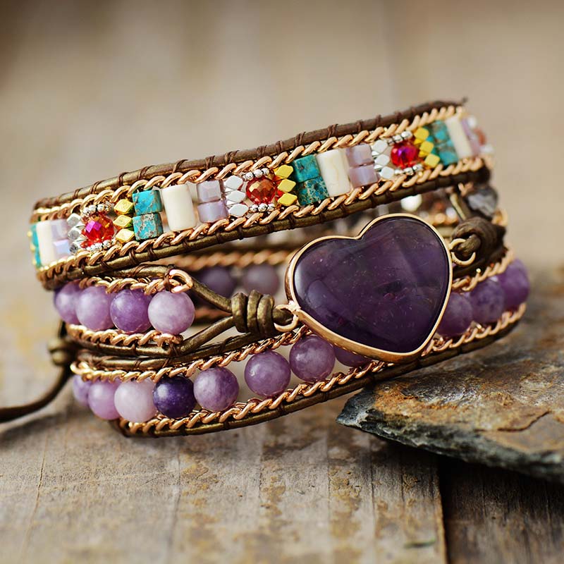 Handmade Natural Amethyst & Jasper Leather Bracelet 19.7 inches + 3 closures