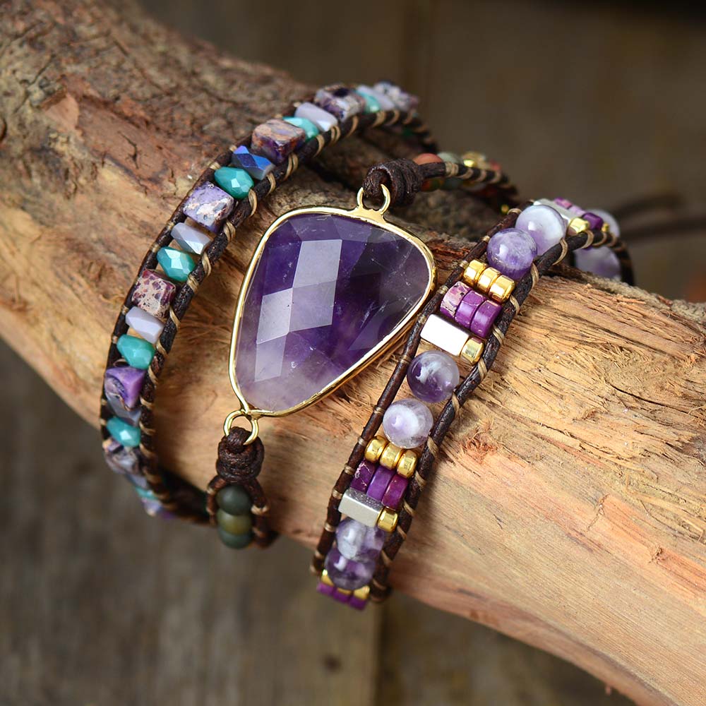 Handmade Natural Amethyst & Jasper Leather Wrap Bracelet 19.7 inches + 3 closures