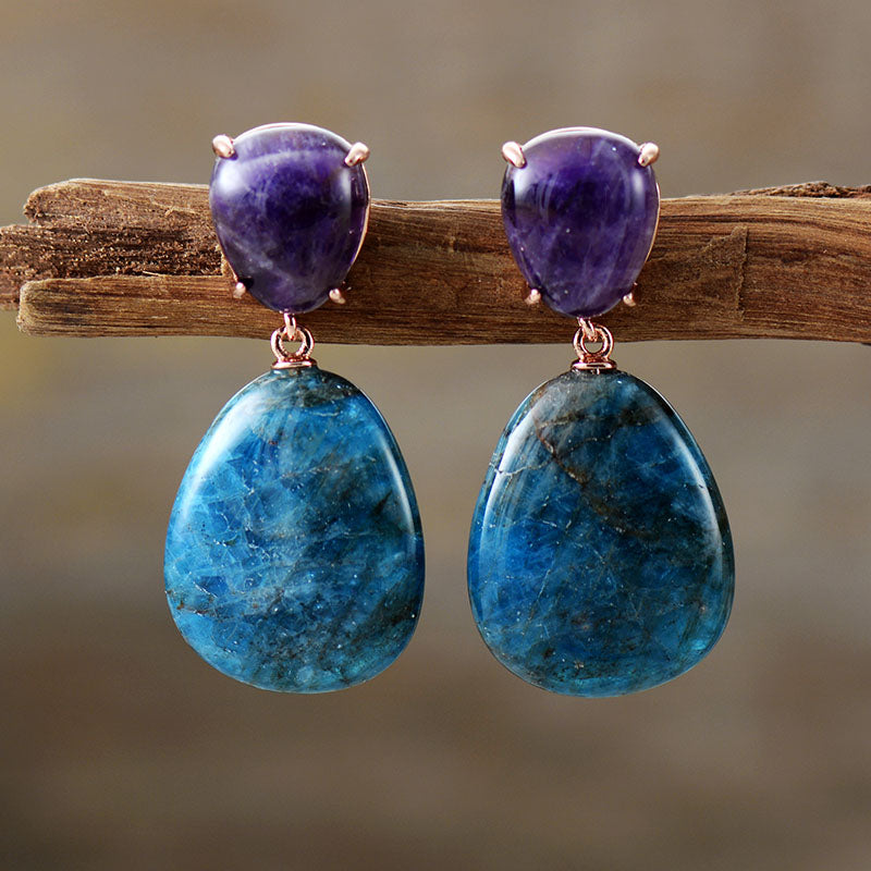 MantraChakra Apatite and Amethyst Waterdrop Dangle Stud Earrings