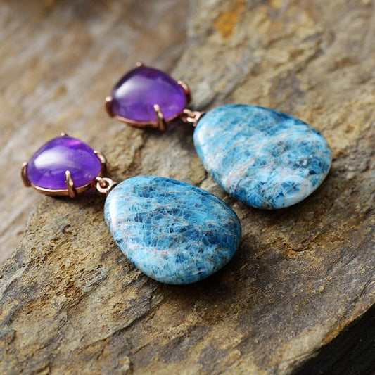 MantraChakra Apatite and Amethyst Waterdrop Dangle Stud Earrings