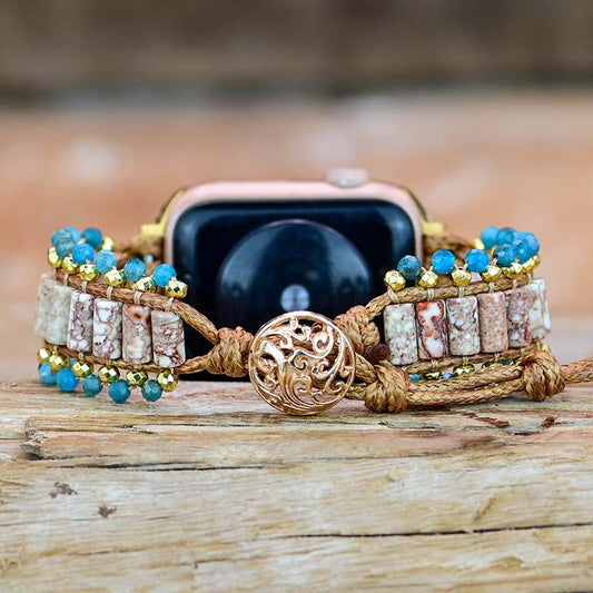 Handmade Apatite, Hematite and Jasper Apple Watch Bracelet with Wax Rope