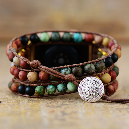 Handmade Black Agate, Picasso Jasper and African Turquoise Apple Watch Straps with Vegan Rope