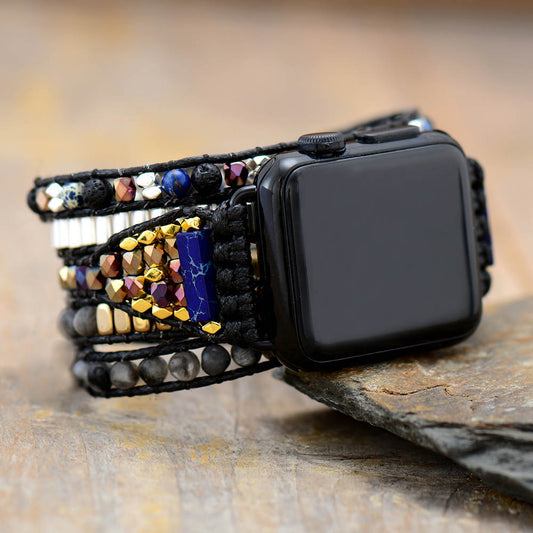 Handmade Natural Black Labradorite and Lava Stone Apple Watch Straps with Vegan Rope