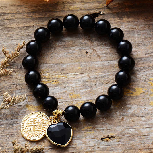 Handmade Natural Black Onyx Stretch Bracelet with Gold Charms - 18-18.5cm