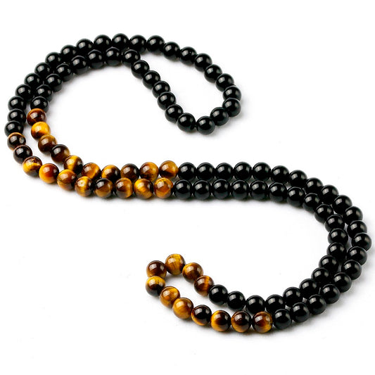 Natural Black Onyx and Tiger Eye Stone Beaded Necklace