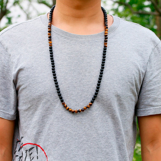 Natural Black Onyx and Tiger Eye Stone Beaded Necklace
