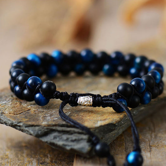 Handmade Natural Blue Tigers Eye and Onyx Braided Bracelet 7.3-10.3 Inches